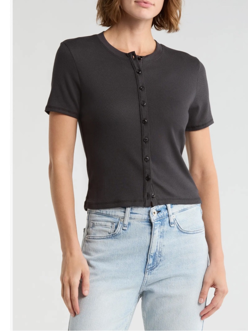 rag & bone Essie Short Sleeve Button-Up front 
Crop T-Shirt Black Crewneck Top S